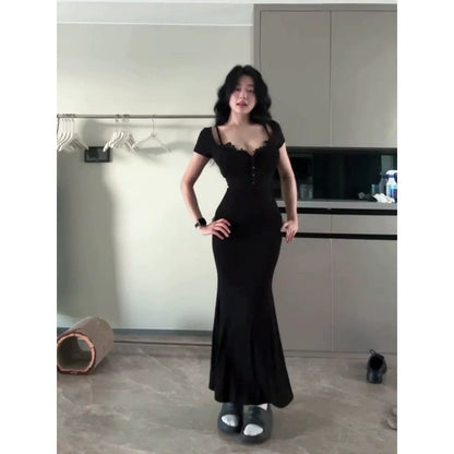 Sexy E - girl Black Lace Short - Sleeve Bodycon Maxi Dress - tutufox - 