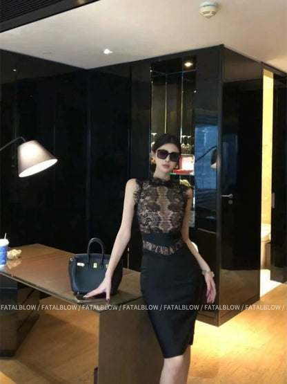 Sexy Soft Vibe Black Lace Sleeveless Waist - Cinched Bodycon Midi Dress - tutufox - 