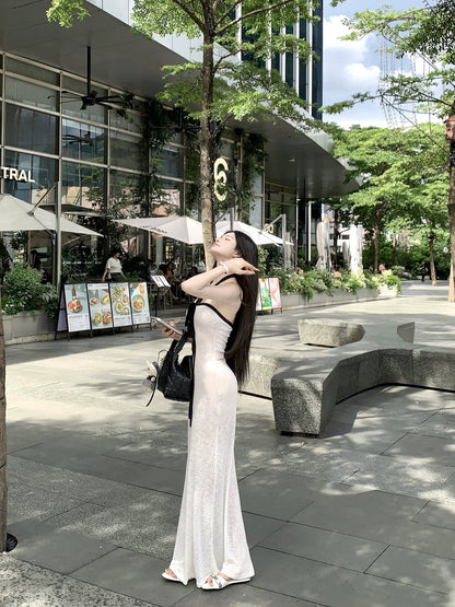 Sexy Soft Vibe White Halter Tube - Top Slimming Beach Vacation Bodycon Maxi Dress - tutufox - 