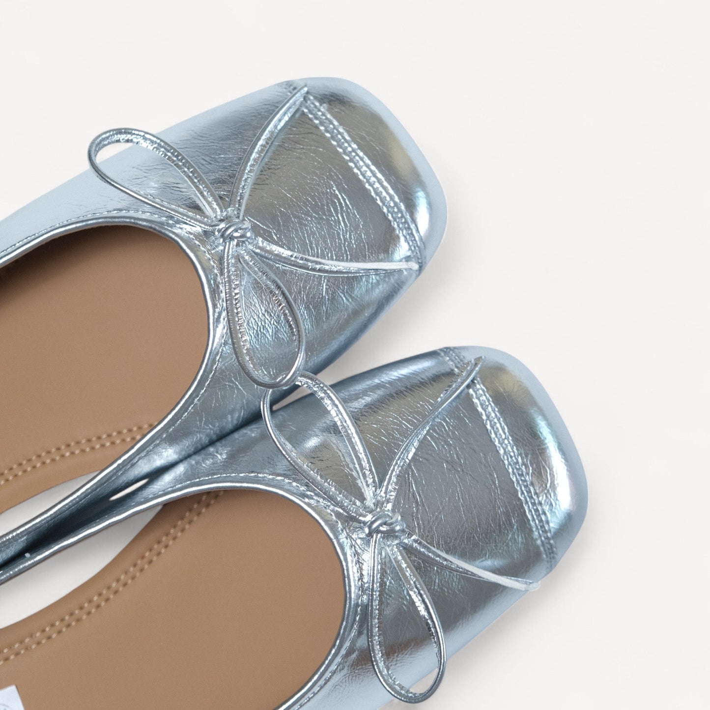 silver bow square toe ballet flats toe details view