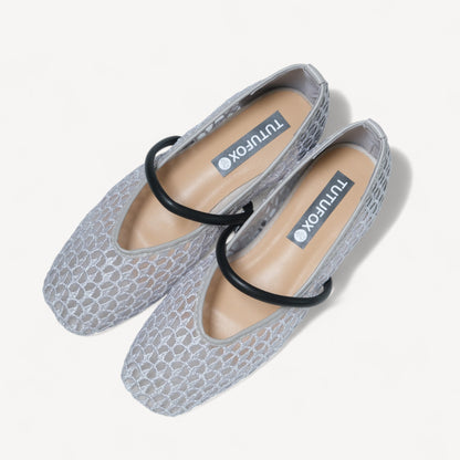 Silver Grey Mesh Strap Almond Toe Flats - tutufox - shoes