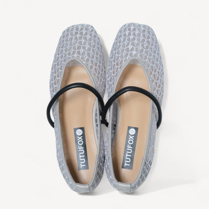 Silver Grey Mesh Strap Almond Toe Flats - tutufox - shoes