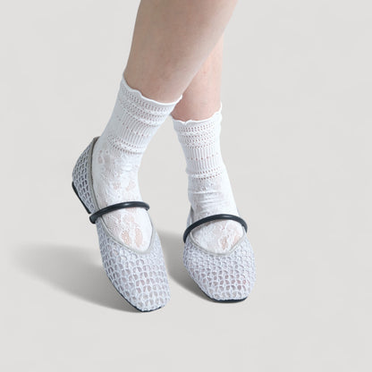 Silver Grey Mesh Strap Almond Toe Flats - tutufox - shoes