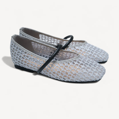 Silver Grey Mesh Strap Almond Toe Flats - tutufox - shoes