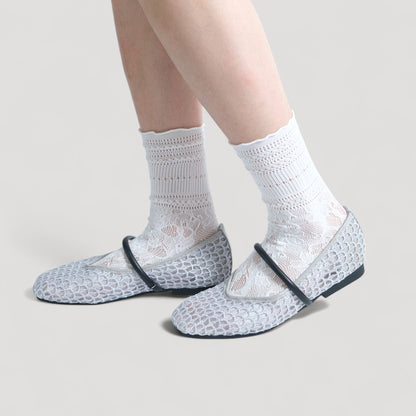 Silver Grey Mesh Strap Almond Toe Flats - tutufox - shoes