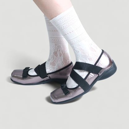 Silver Grey Soft Leather Square Toe Balletsneaker Flats - tutufox - shoes
