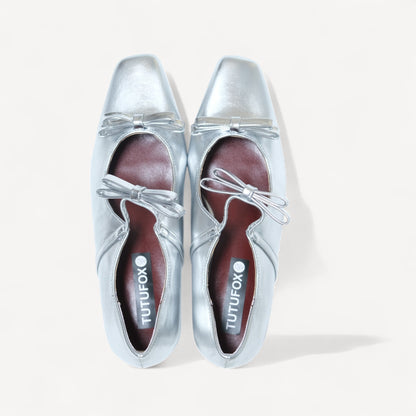 silver patent bow mary jane ballet flats front view