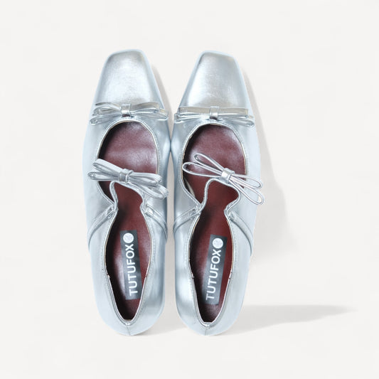 silver patent bow mary jane ballet flats front view