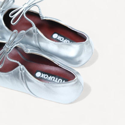 silver patent bow mary jane ballet flats heel detail 