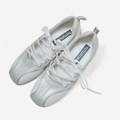 Silver White Soft Leather Square Toe Flats - tutufox - shoes