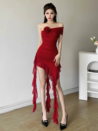 Soft Flirty Ruffled Asymmetrical Ruched Mini Dress - tutufox - 