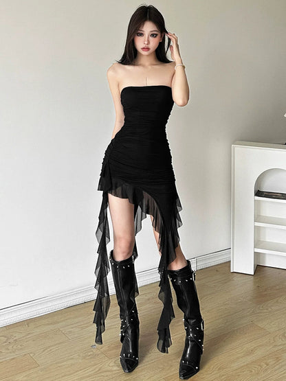 Soft Tea Vibe Ruffled - Paneled Tube - Top Unique Asymmetrical Summer Mini Dress - tutufox - 