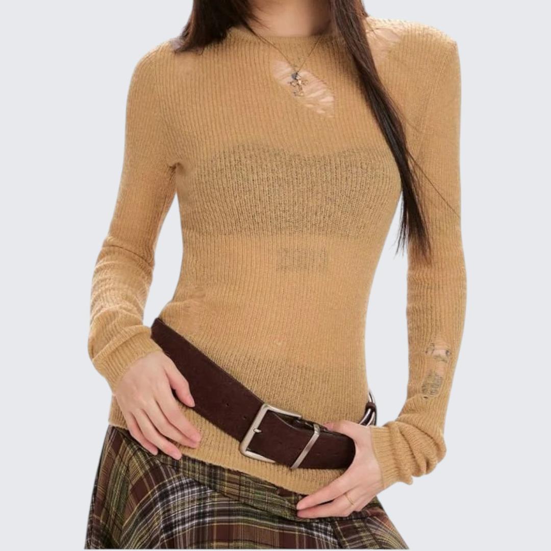 Spring & Autumn Black Frosted Ripped Long-Sleeve Sweater