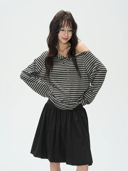 Spring - Autumn Black - Gray Stripe Slant - Shoulder Long - Sleeve E - Girl T-Shirt With Retro Lazy Vibe & Oversized Fit - tutufox - 