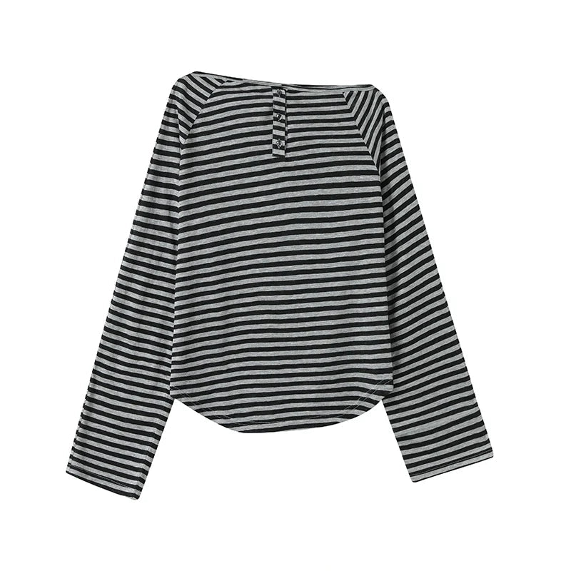 Spring - Autumn Black - Gray Stripe Slant - Shoulder Long - Sleeve E - Girl T-Shirt With Retro Lazy Vibe & Oversized Fit - tutufox - 