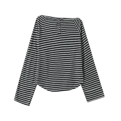 Spring - Autumn Black - Gray Stripe Slant - Shoulder Long - Sleeve E - Girl T-Shirt With Retro Lazy Vibe & Oversized Fit - tutufox - 