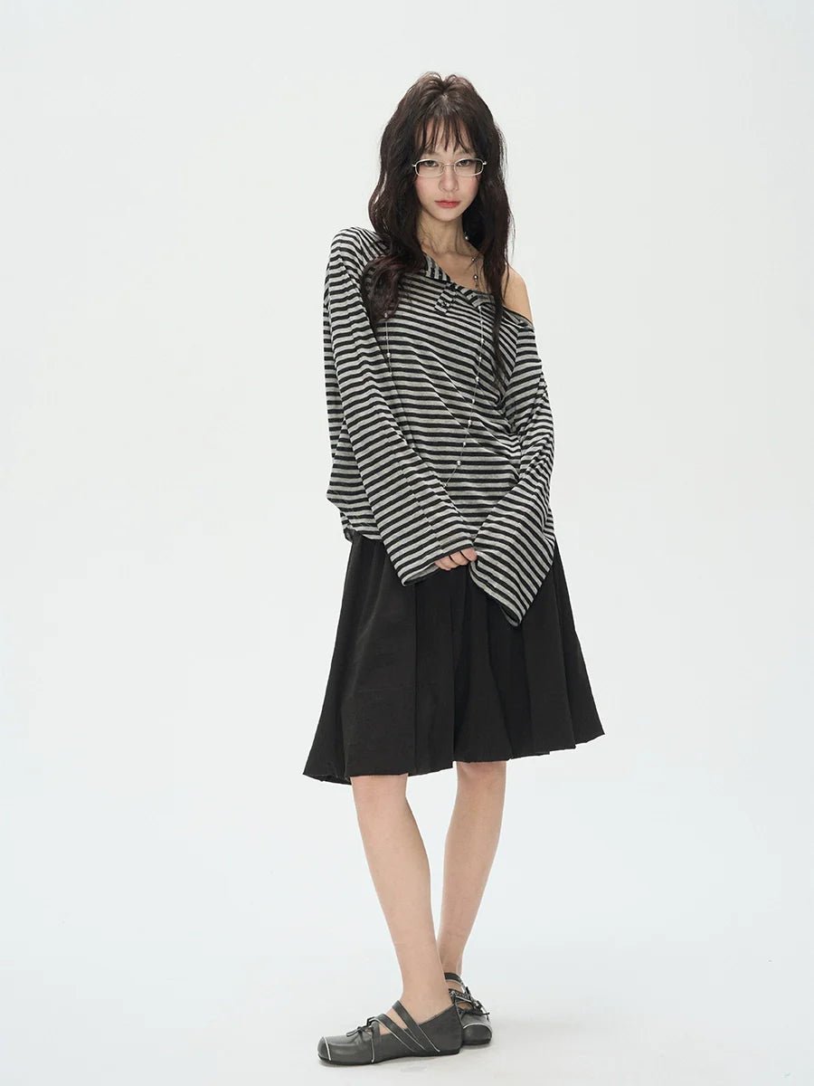 Spring - Autumn Black - Gray Stripe Slant - Shoulder Long - Sleeve E - Girl T-Shirt With Retro Lazy Vibe & Oversized Fit - tutufox - 
