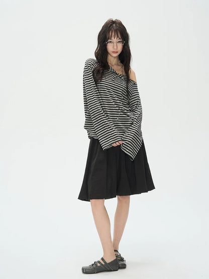 Spring - Autumn Black - Gray Stripe Slant - Shoulder Long - Sleeve E - Girl T-Shirt With Retro Lazy Vibe & Oversized Fit - tutufox - 