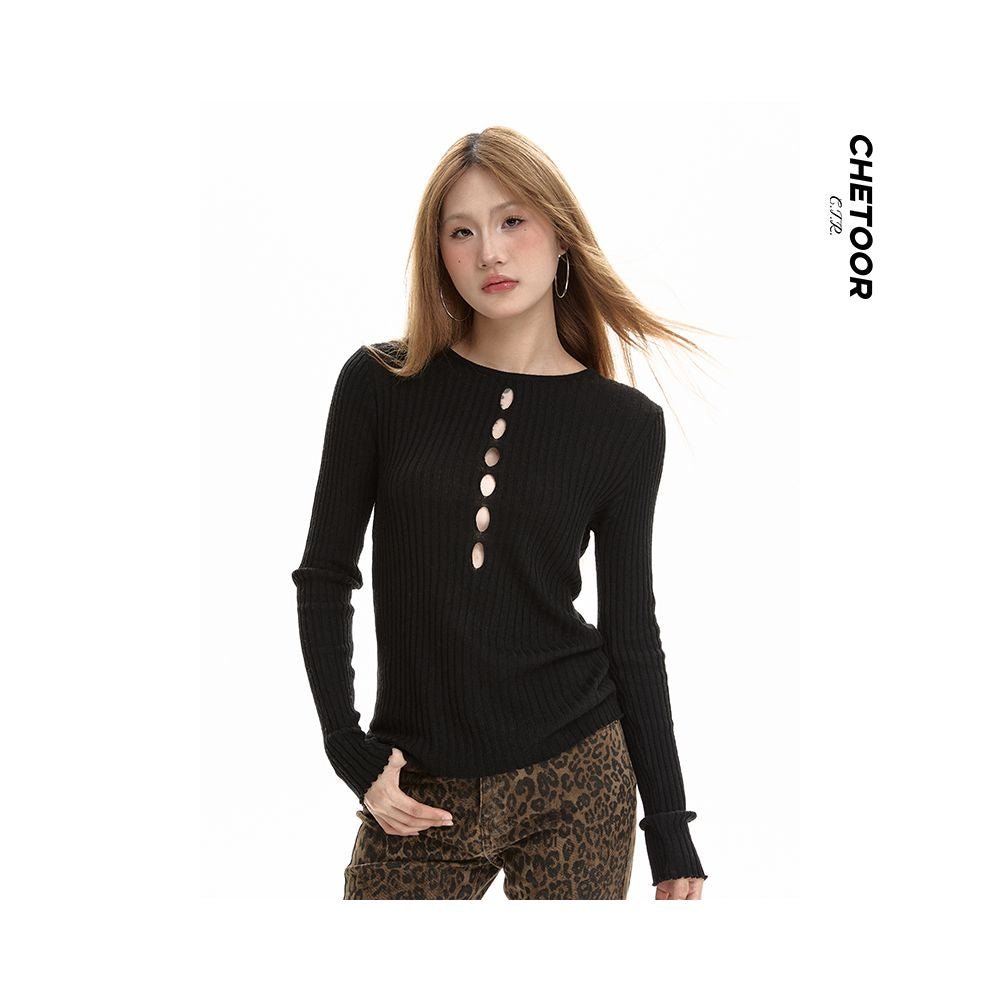 Spring & Autumn Black Hollow-Out Long-Sleeve Knitted Shirt