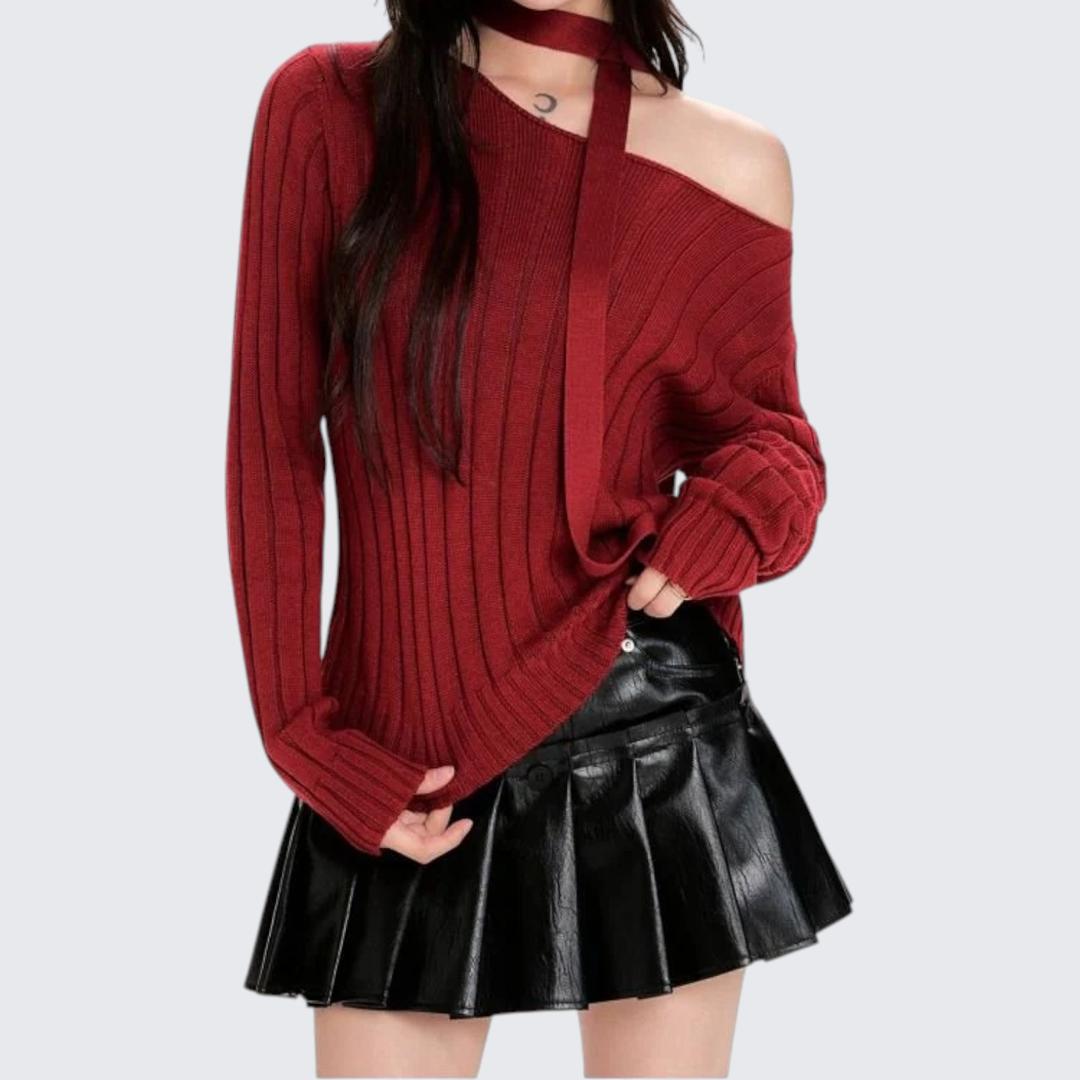 Spring & Autumn Black Oblique-Shoulder Long-Sleeve Sweater