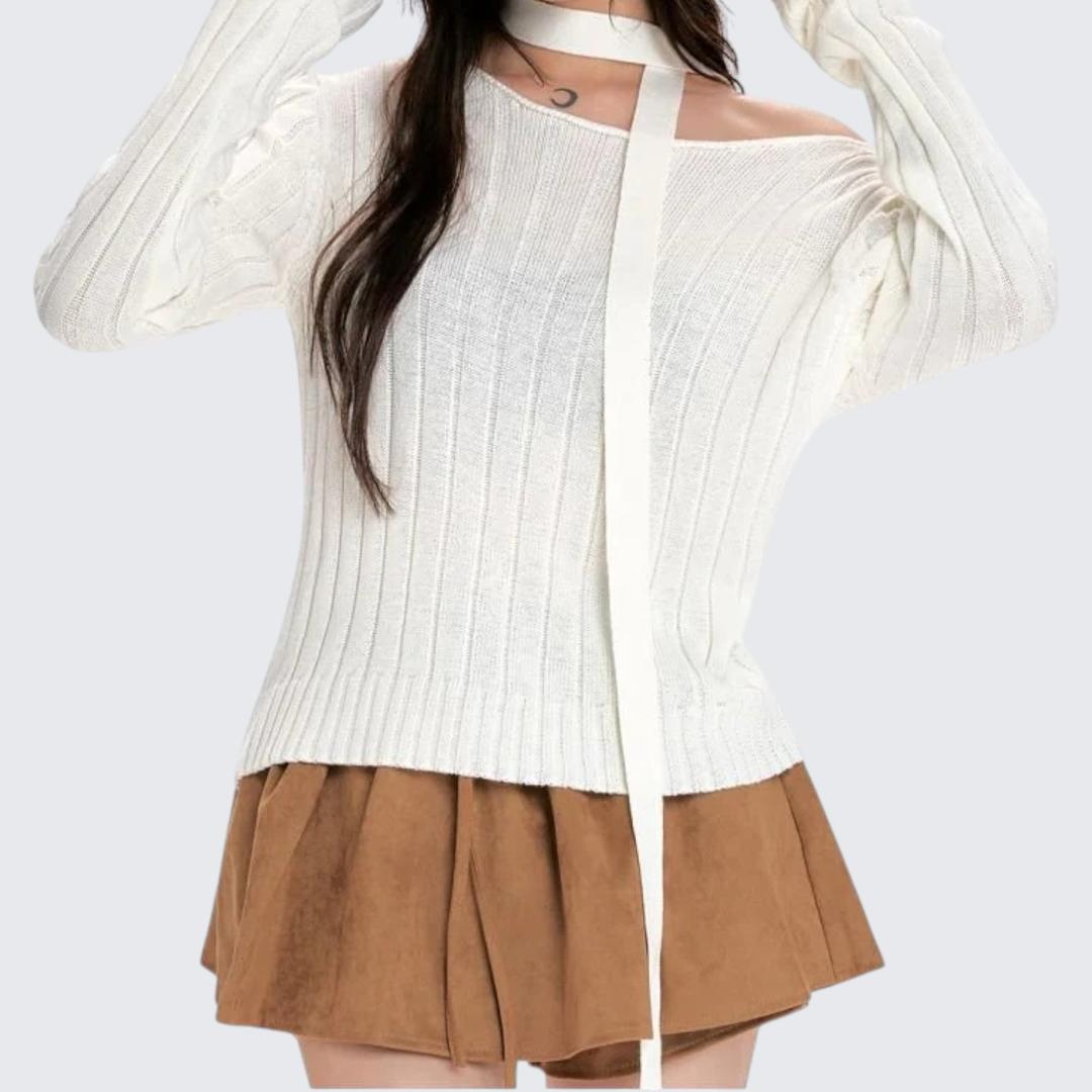 Spring & Autumn Black Oblique-Shoulder Long-Sleeve Sweater