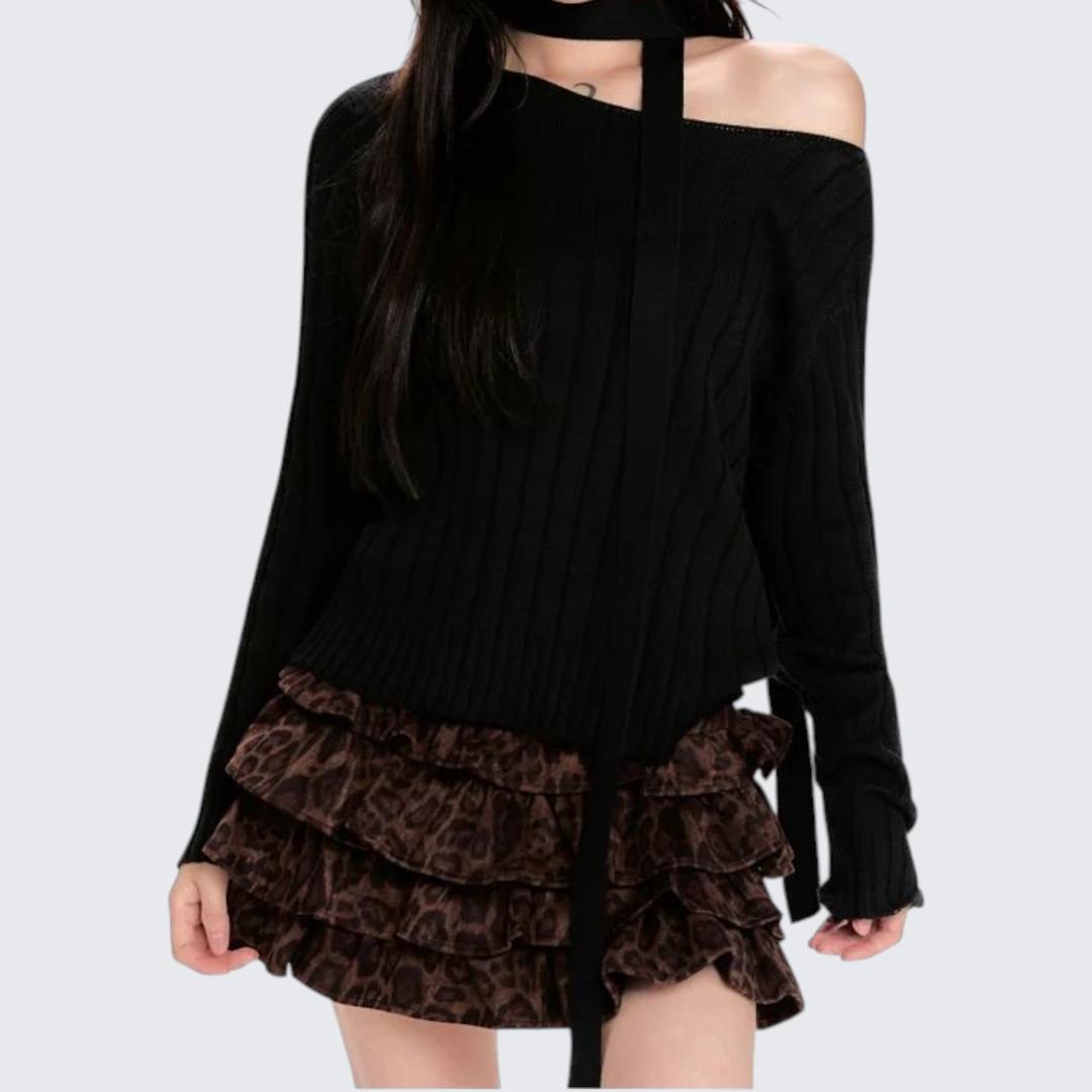 Spring & Autumn Black Oblique-Shoulder Long-Sleeve Sweater
