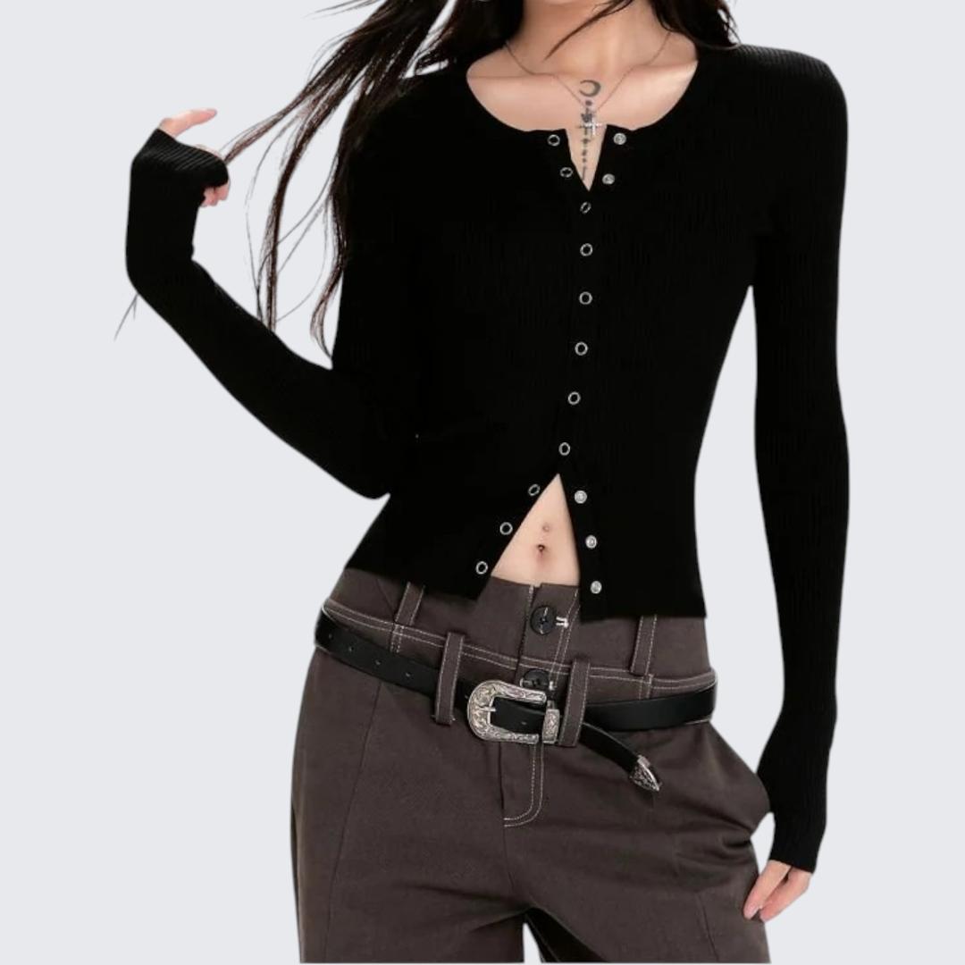 Spring & Autumn Black Ribbed Long-Sleeve Knitted Cardigan