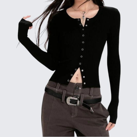 Spring & Autumn Black Ribbed Long-Sleeve Knitted Cardigan