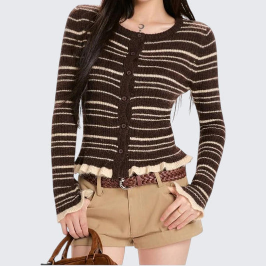 Spring & Autumn Brown Striped Long-Sleeve Knitted Sweater