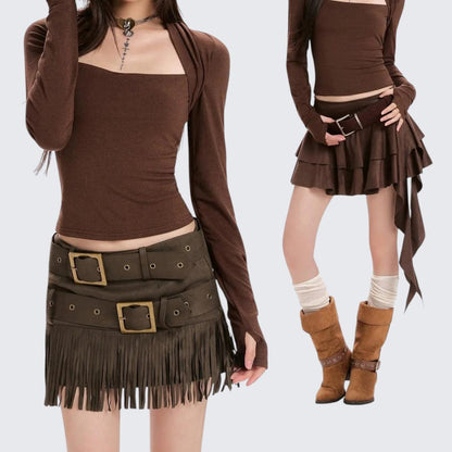 Spring - Autumn Coffee Square - Neck Fitted Cropped Long - Sleeve T-Shirt - tutufox - 