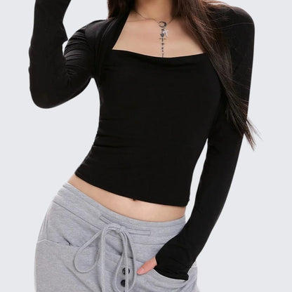 Spring-Autumn Coffee Square-Neck Fitted Cropped Long-Sleeve T-Shirt