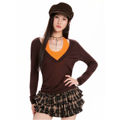 Spring & Autumn Coffee V-Neck Fake Two-Piece Sweater