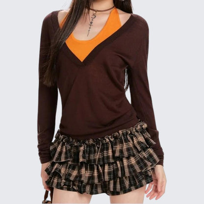 Spring & Autumn Coffee V - Neck Fake Two - Piece Sweater - tutufox - 