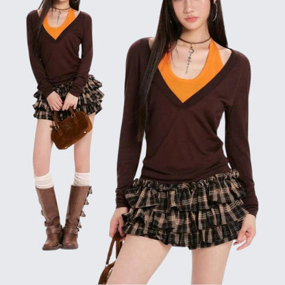 Spring & Autumn Coffee V - Neck Fake Two - Piece Sweater - tutufox - 