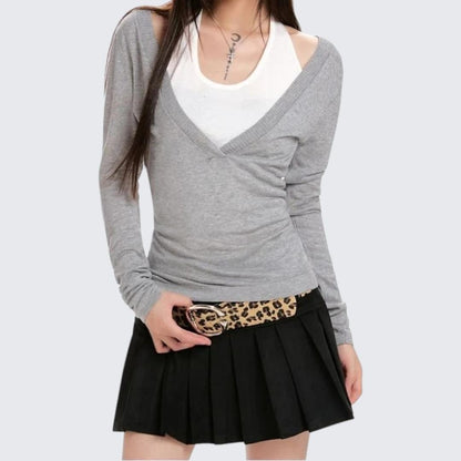Spring & Autumn Coffee V - Neck Fake Two - Piece Sweater - tutufox - 