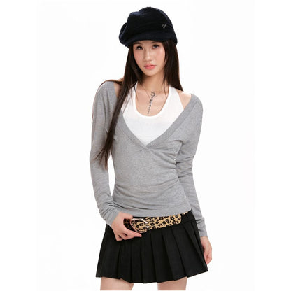 Spring & Autumn Coffee V-Neck Fake Two-Piece Sweater