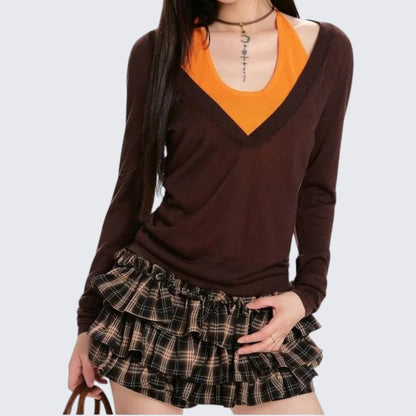 Spring & Autumn Coffee V - Neck Fake Two - Piece Sweater - tutufox - 