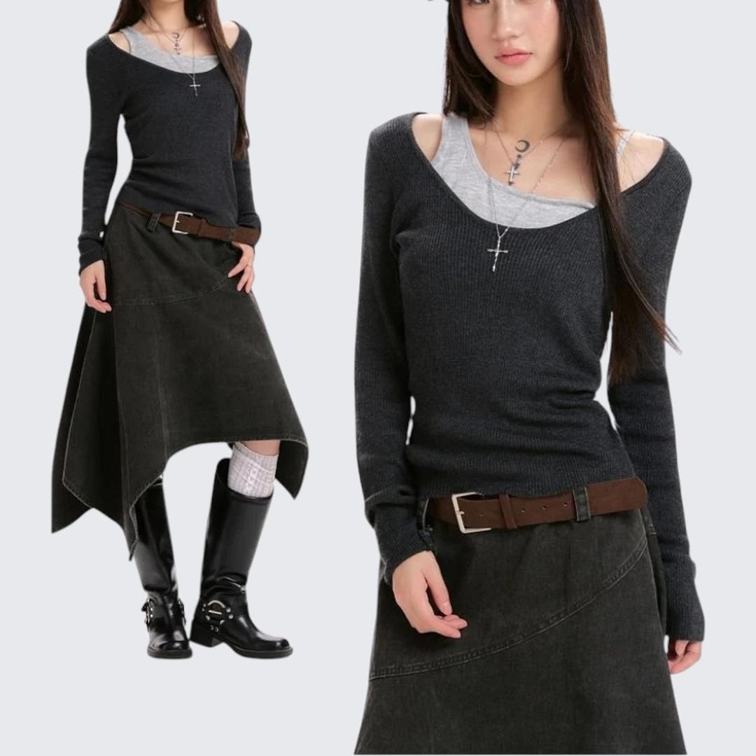 Spring & Autumn Dark Gray Two - Piece Long - Sleeve Sweater - tutufox - 
