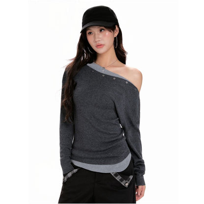 Spring & Autumn Gray Oblique-Shoulder Short Long-Sleeve Sweater
