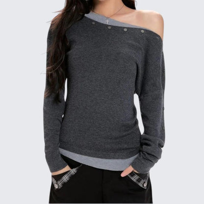 Spring & Autumn Gray Oblique - Shoulder Short Long - Sleeve Sweater - tutufox - 