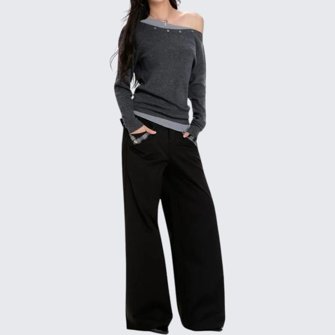 Spring & Autumn Gray Oblique - Shoulder Short Long - Sleeve Sweater - tutufox - 