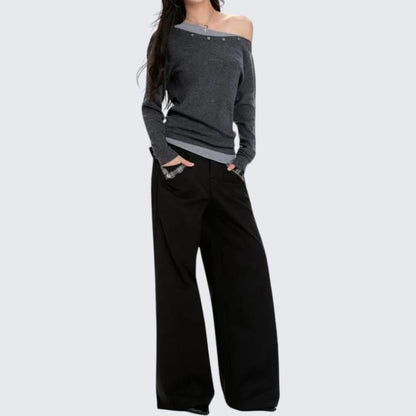 Spring & Autumn Gray Oblique - Shoulder Short Long - Sleeve Sweater - tutufox - 