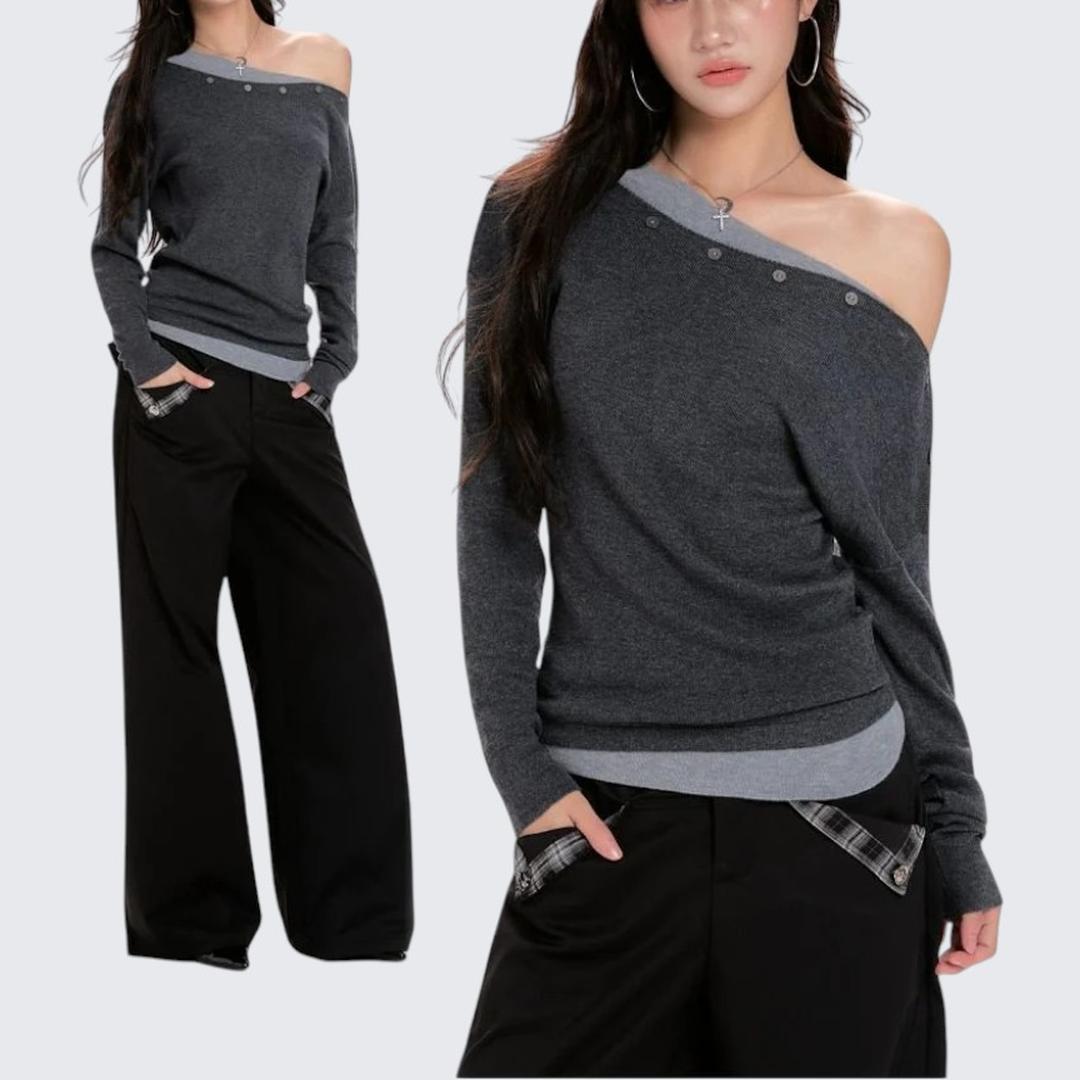 Spring & Autumn Gray Oblique - Shoulder Short Long - Sleeve Sweater - tutufox - 