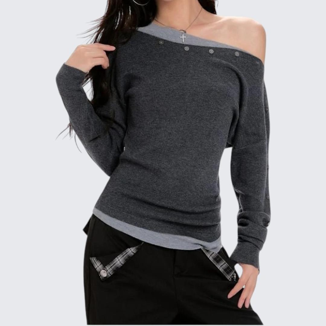 Spring & Autumn Gray Oblique - Shoulder Short Long - Sleeve Sweater - tutufox - 
