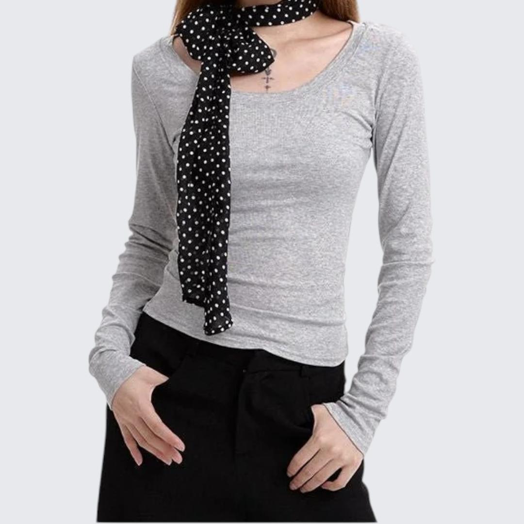 Spring & Autumn Gray Straight-Shoulder Long-Sleeve T-Shirt