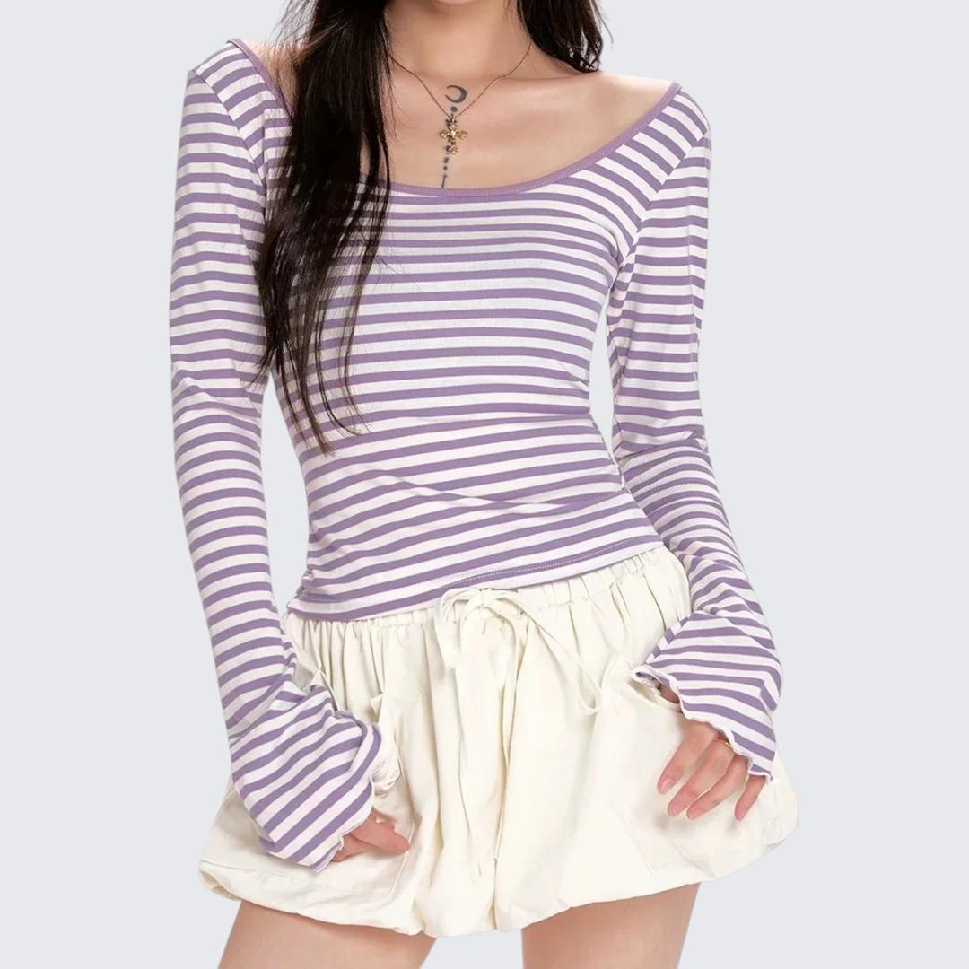 Spring-Autumn Navy Stripe Fitted Cropped Long-Sleeve T-Shirt