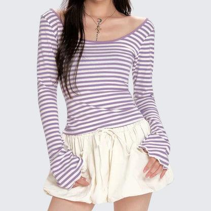 Spring-Autumn Navy Stripe Fitted Cropped Long-Sleeve T-Shirt