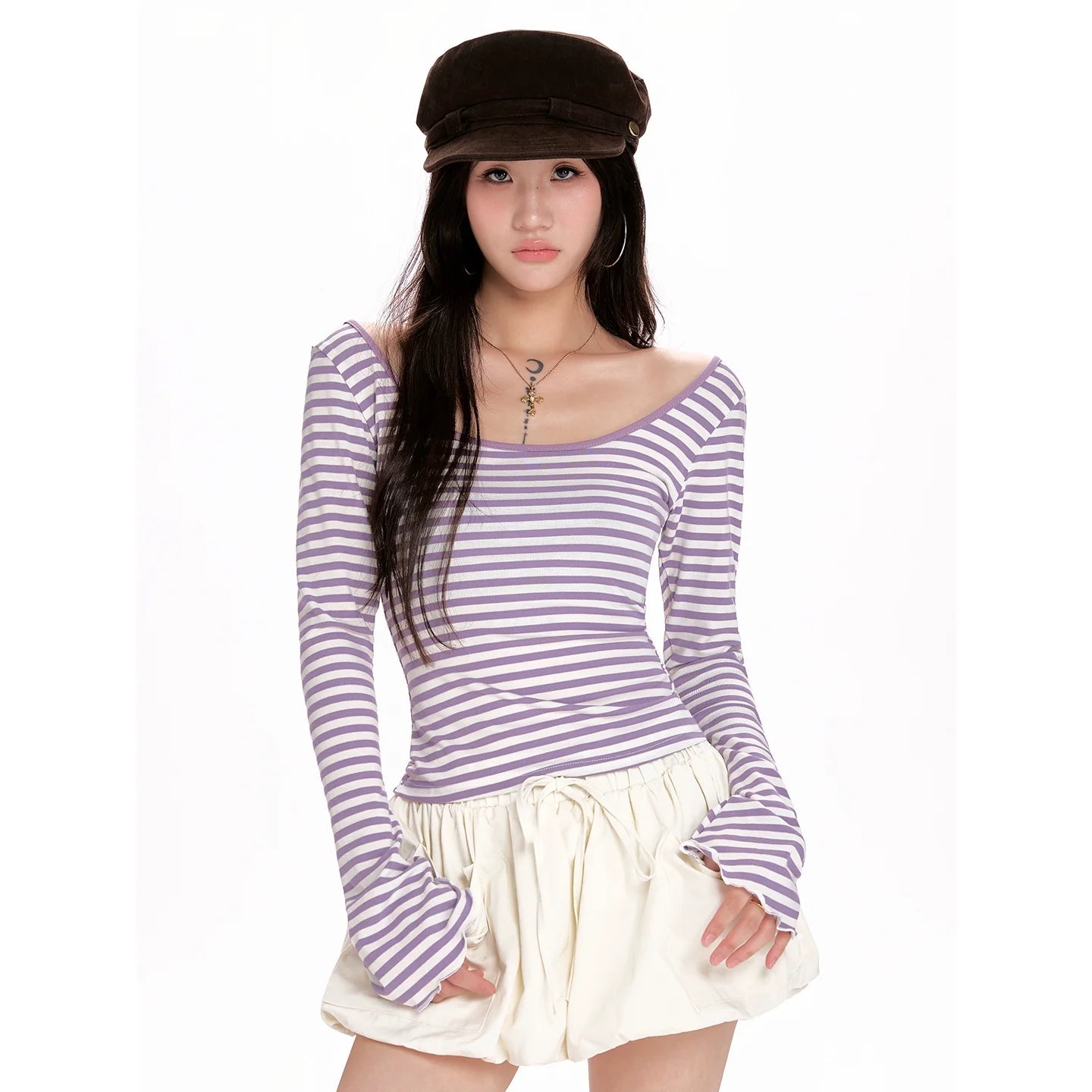Spring - Autumn Navy Stripe Fitted Cropped Long - Sleeve T-Shirt - tutufox - 