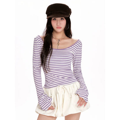 Spring - Autumn Navy Stripe Fitted Cropped Long - Sleeve T-Shirt - tutufox - 