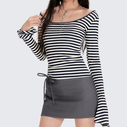 Spring - Autumn Navy Stripe Fitted Cropped Long - Sleeve T-Shirt - tutufox - 